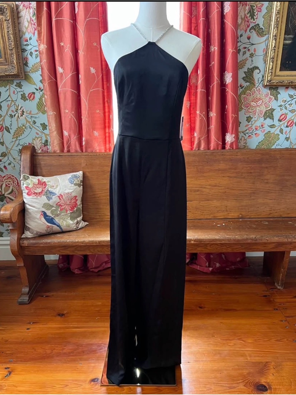 NWT Size 8 Black Halter Formal Jumpsuit with Chain Detail and Open Back Hoco